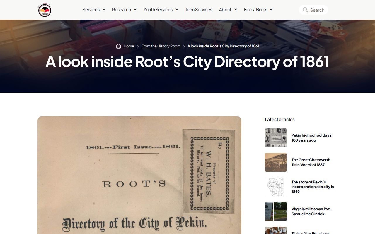 Pekin Public Library article about Omi E. Root's 1861 directory