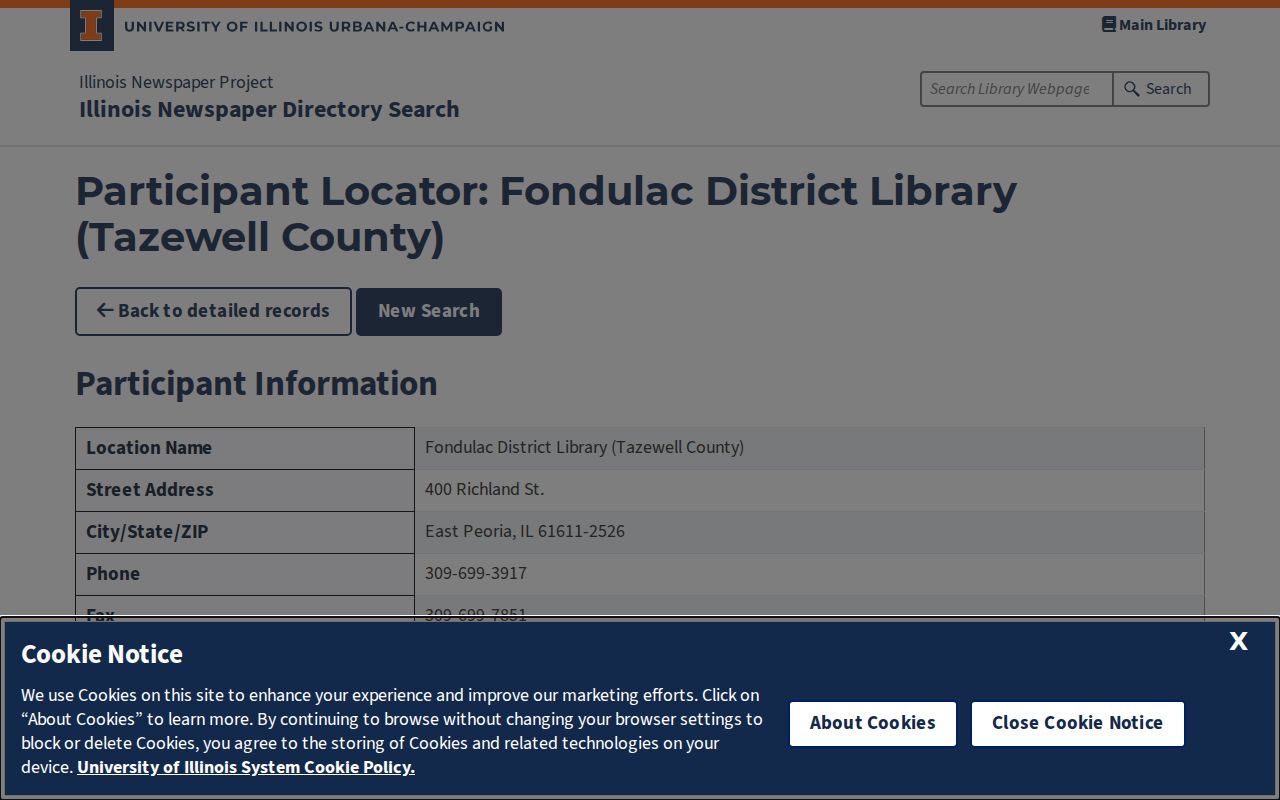 Illinois Newspaper Project listing for Fondulac District Library holdings