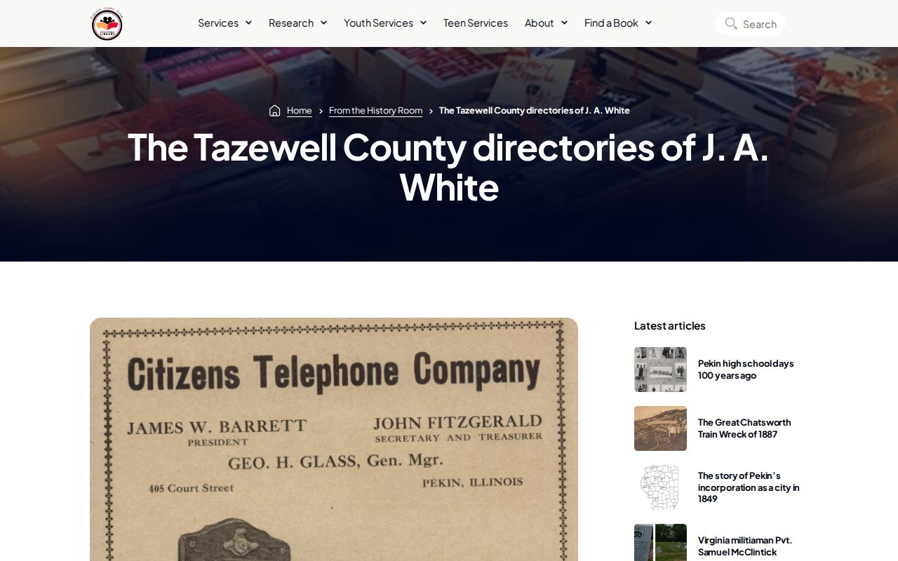 Pekin Public Library page about J.A. White Tazewell County directories
