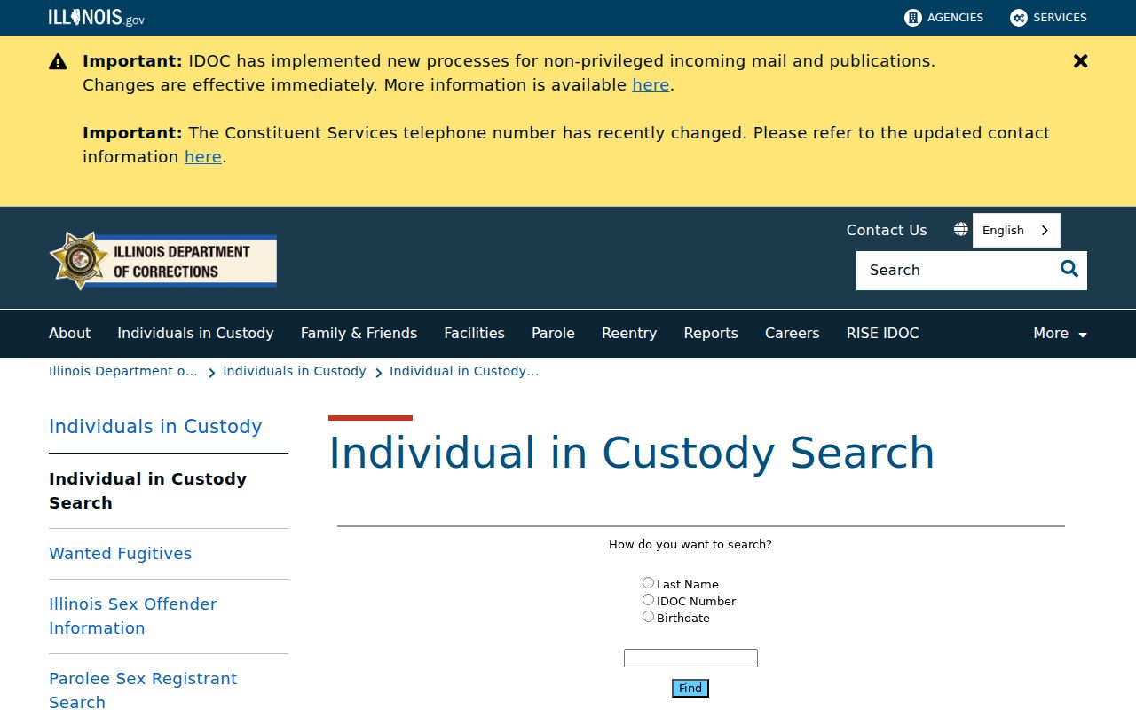 Illinois Department of Corrections individual in custody search
