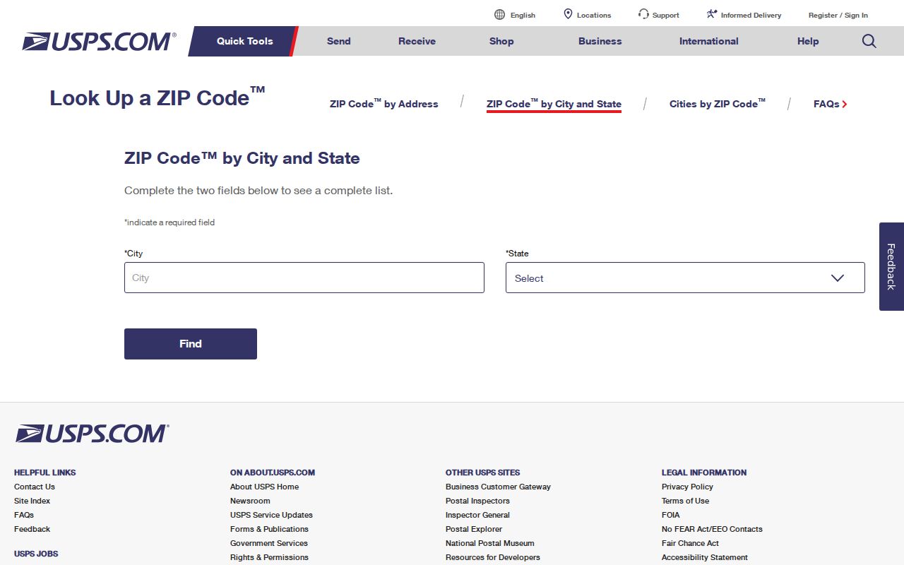 USPS city and state ZIP Code Lookup interface